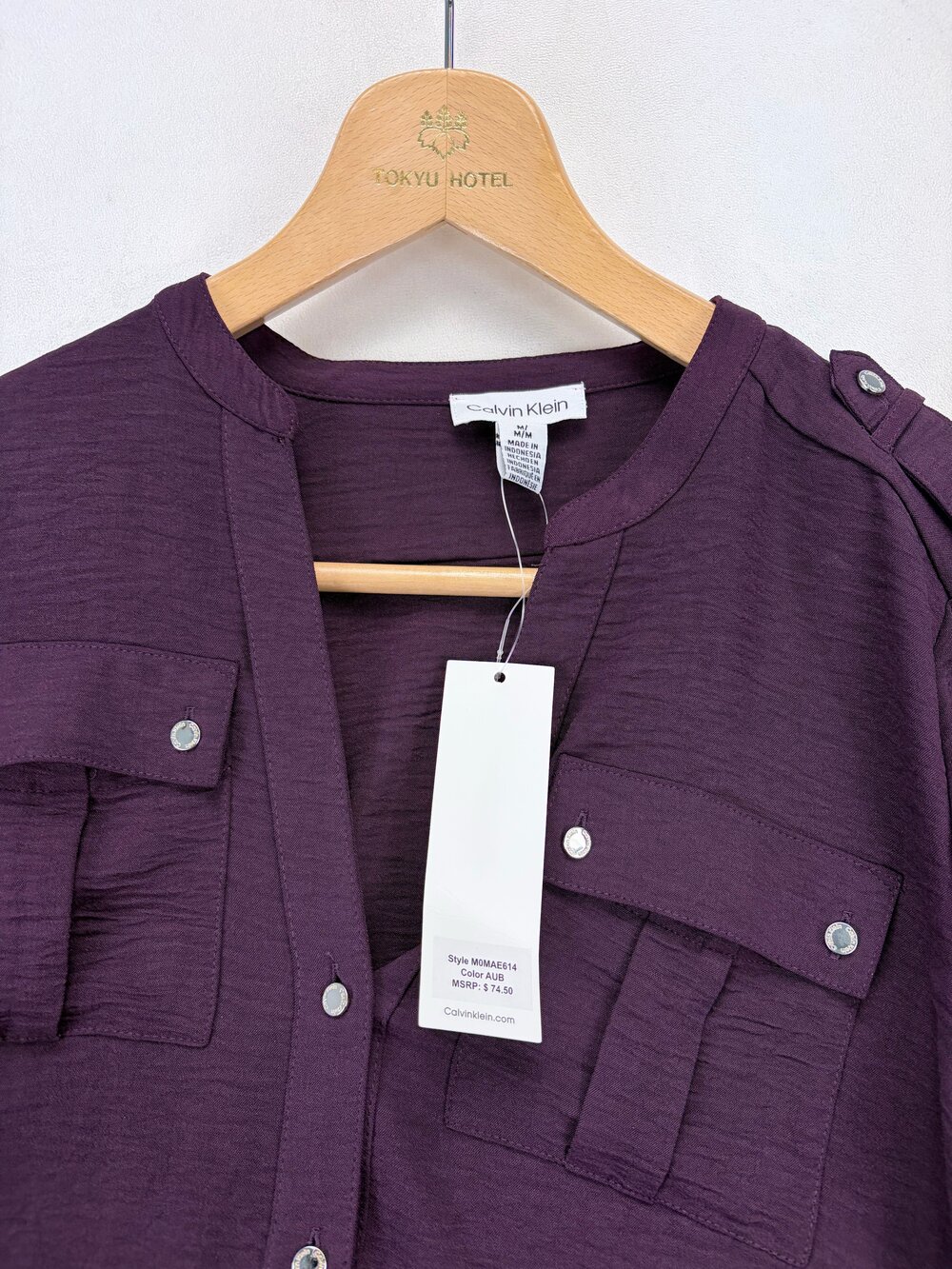 Calvin Klein Plum Roll-Tab Tunic Blouse M Button-Front - Picture 9 of 13